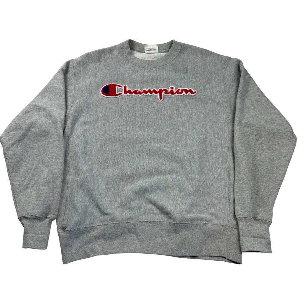 Champion Reverse Weave Sweatshirt Mens Large Gray Chenille Script Logo GF70 11C